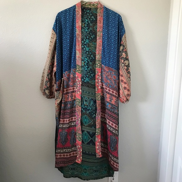 Karma Highway Floral Paisley Colorful Patchwork Open Front Longline Kimono O/S - Picture 1 of 11